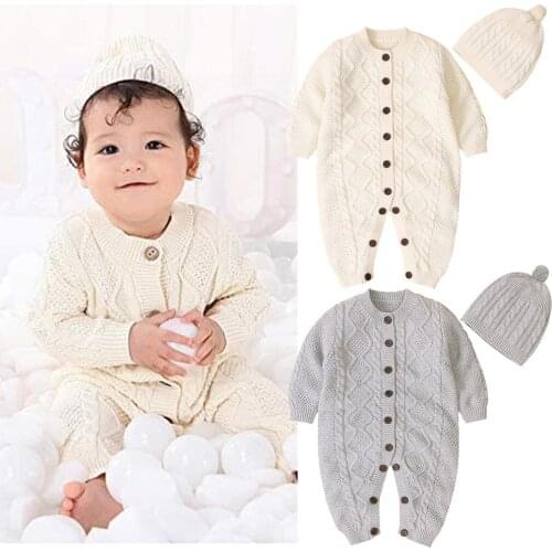 Bodysuit For Newborns Baby Clothes Romper Newborn Baby Girls Boys Winter Warm Knit Outwear Sweater Romper Jumpsuit Hat Set