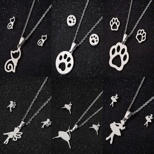 Stainless Steel Elf Dancing Girl Ballet Angel Feather Cat Dog Paw Pendant Necklace Earring Sets for Women Men Jewelry Choker