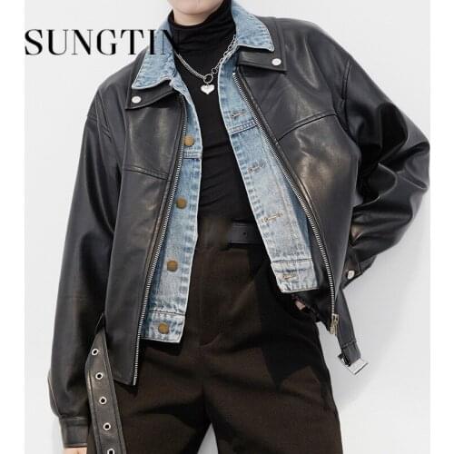 Sungtin Korean Loose PU Leather Jacket Oversized Women with Belt Solid Street Faux Jackets Cool Punk Causal Tops Spring Autumn