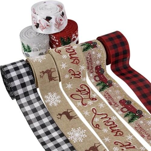 5m Imitation Hemp Ribbon Wire Edge Linen Ribbons Merry Christmas Ribbon Red Black Plaid Snowflake Ribbons Bow Xmas Gift Wrapping