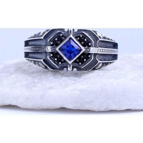 Handmade Royal Blue Zircon Man Silver Ring, Square Zircon Silver Men Ring, Silver Zircon Man Ring