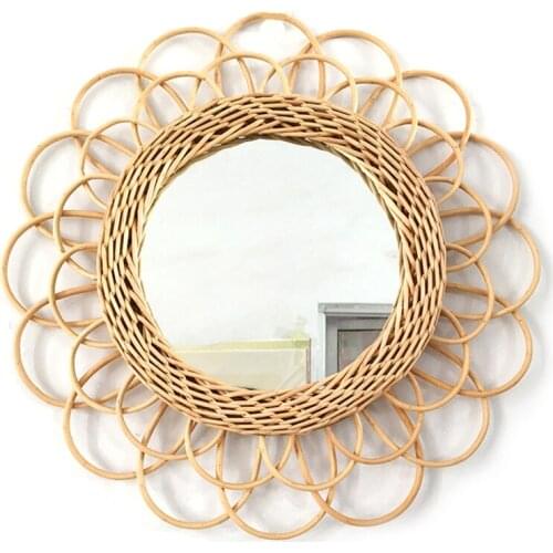 Natural Rattan Innovative Art Decorative Makeup Mirror Dressing Living Room Bathroom Wall Hanging Craft Photography Prop