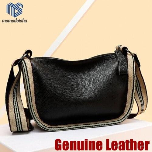 2021 New Genuine Leather Handbag Ladies Fashion Soft Skin Bag Simple Style Shoulder Bag Retro Wide Shoulder Strap Messenger Bag