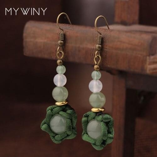 New handmade braided Aventurine vintage pendants exotic earrings green ,Original nature stones ethnic jewelry vintage earrings