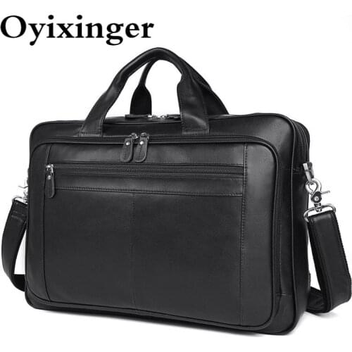 OYIXINGER New Natural Cowhide Men Laptop Bag Genuine Leather Male Business Handbag For 17" Laptop Luxury Multifunction Briefcase