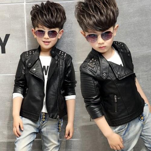 Boys Coat Childrens Pu Jacket Fashion Kid Outwear Solid Color Long Sleeve Casual Motorcycle Spring Autumn Rivet Cool Jacket