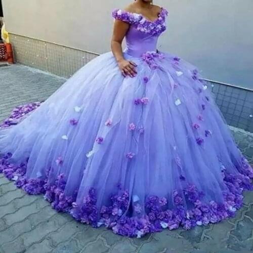 Luxury Purple Ball Gown Quinceanera Dresses OrangeWith Handmade Flowers Off The Shoulder Bridal Dress Long Train Formal Vestidos