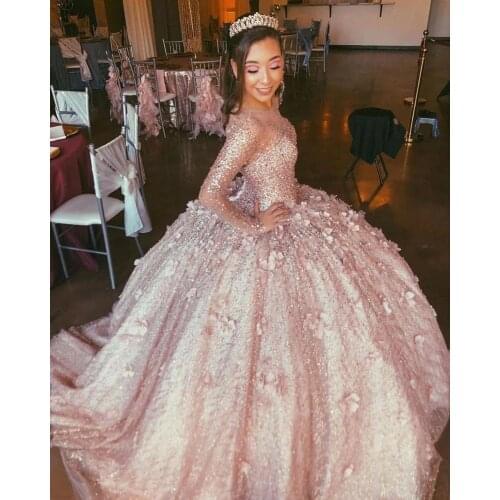 Rose Gold Long Sleeves 3D Flower Quinceanera Prom dresses Ball Gown Beaded Illusion Evening Formal Gowns Sweet 16 Vestidos