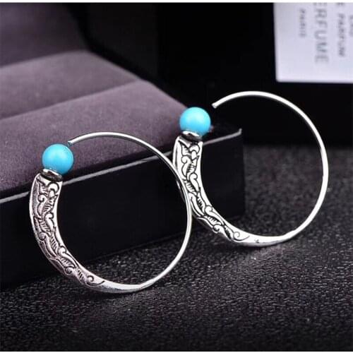 Silver simple personality atmosphere retro Thai silver turquoise earrings female punk style earrings 2021 trend jewelry earrings