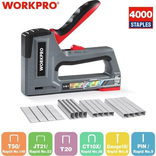 WORKPRO 6-in-1 Heavy Duty Staple Gun for Fixing Material Manual Nail Gun Wth Two Power Options for DIY Home Decor