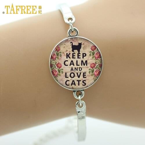 TAFREE Brand Keep Calm and Love Cats Bracelet lovely quote charm Cat lover jewelry glass Cabochon Art picture bangle gifts D09