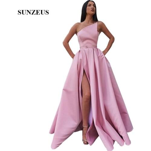Evening Gowns 2020 New A-line Strapless Pink Formal Dresses Long Satin Party Gown Side Slit Women Dress