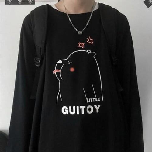 Spring and Autumn Hong Kong Style Ins Couple Wear Tide Cartoon Bear Long-sleeved T-shirt Men and Women Casual Loose Top T Shirt