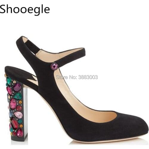 Fashion colorful crystal stud chunk high heel women sandals pointed toe ankle strap party dress pumps black nude