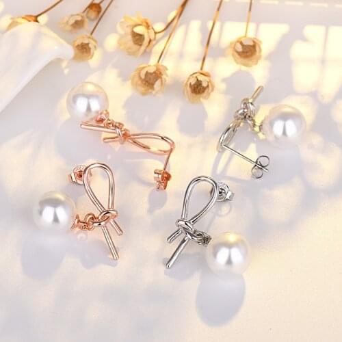 Womens Simple Style Knitted Imitation Pearls Drop Earrings Romantic Bowknot Rose Gold Piercing Earring Stud Accessories Gifts