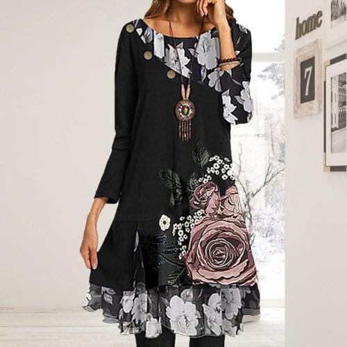 Autumn Elegant Patchwork Floral Dress Women O Neck Long SLeeve A-Line Party Dresses 2020 Lady Fashion Button Midi Dress Vestidos