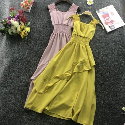 2021 Summer Women Square Collar Sleeveless Spaghetti Strap Dress Lady Elastic Slim Waist Pleated Pullover Ruffles Chiffon Dress