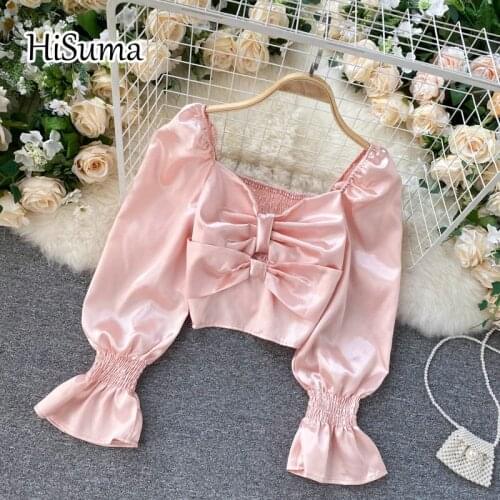 2021 spring new female square collar bow puff sleeve satin shirts women elegant chiffon short blouses sweet fairy shirt