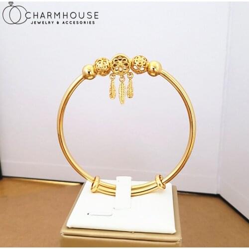 24K Yellow Gold Color Bangles For Women Beads Feather Bracelet & Bangle Adjustable Pulseira Femme Wedding Bridal Jewelry Bijoux