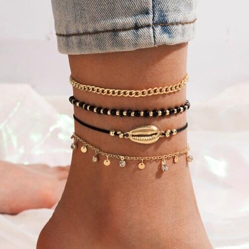 Docona 4pcs/sets Boho Shell Beaded Foot Chain for Women Charms Gold Color Rhinestone Tassel Anklets Summer Jewelry Gift 17495