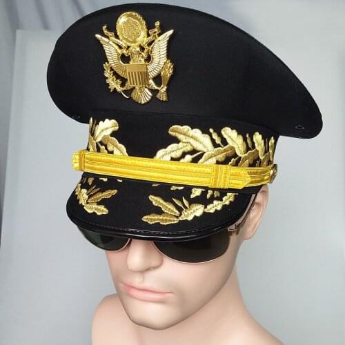 Military Hats Black Gold Eagle Badge Visor Hat Big Brim Gorra Army Officer Cap Men Us Army Accessories Caps
