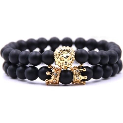 2 pcs/set classic fashion lion crown charm bracelet 8mm matte lava stone mens luxury stone beads bracelet gift