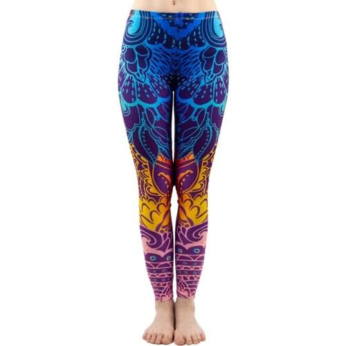 Fashion Women Blue Printing Mandala Leggings Sexy Workout Elasticity Pants Fitness Stretch Slim Bottoms