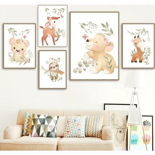 Sloth Deer Elephant Leopard Giraffe Rabbit Lion Wall Art Canvas Painting Nordic Posters And Prints Wall Pictures Kids Room Decor