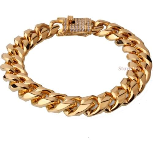 Hot Sell Mens Boys Hip Hop Gold Tone Stainless Steel Curb Chain White Stone Clasp Bracelet 15mm