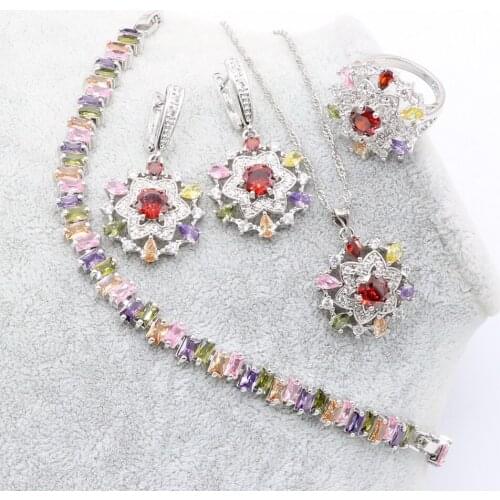 Fashion Jewelry Sets for women Sterling Silver Color Multicolor Stones Zirconia Trendy Pendant Necklace Earrings Bracelet Ring