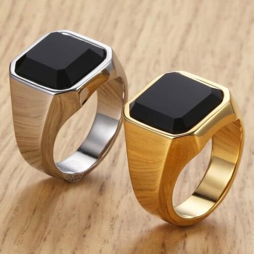 Mens Ring Rock Punk Smooth Black CZ Gold Silver Color 316L Stainless Steel Signet Rings Jewelry Wholesale Size 7-12 DHRM63