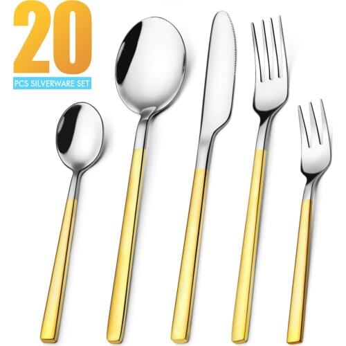20 PCS Kitchen Dinnerware Set Stainless Steel Pure Gold-Plating Silverware Sets High-Grade Mirror Polishing Cutlery Set For 4