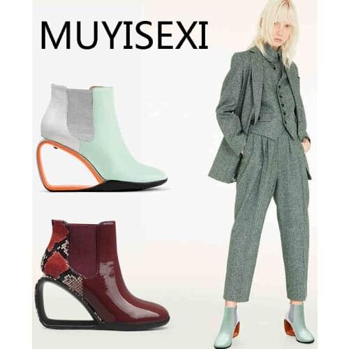 Natural leather stretch round toe 8cm strange high heels slip on daily wear patchwork fashion classic women boots HL320 MUYISEXI