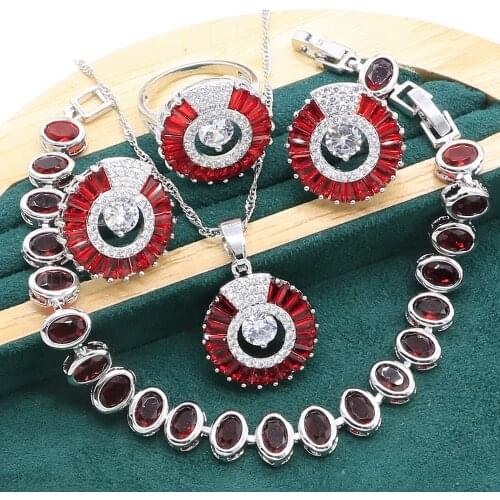 New Arrivals 925 Silver Jewelry Sets For Women Daily Red Ruby Bracelet Earrings Necklace Pendant Ring Wedding Jewelry Gift