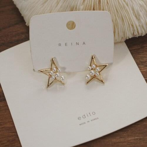 New Fve-Pointed Star Pearl Earrings S925 Gold-Plated Wild Girl Earrings Vintage Jewelry Modern Party Trendy Korean Style 2021