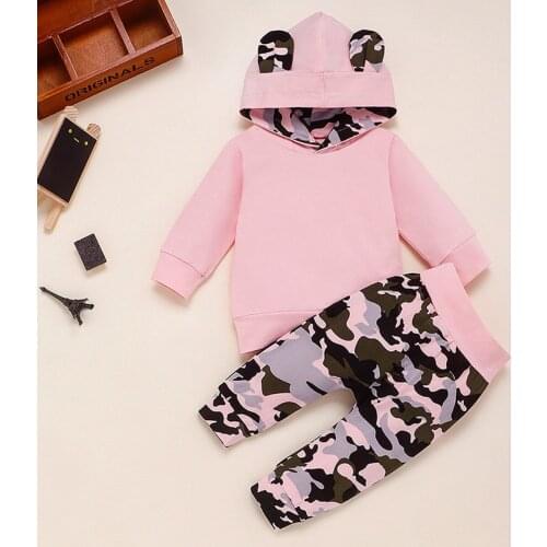 PatPat 100% Cotton 2pcs Camouflage Print Hooded Long-sleeve Pink Baby Set