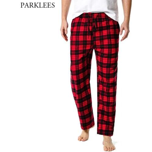 Red Black Plaid Pajama Pants Men Lounging Relaxed House PJs Sleep Bottoms Mens Flannel Cotton Drawstring Button Fly Sleepwear