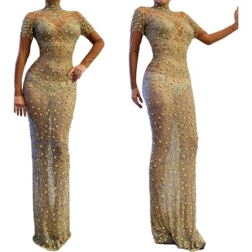 See Through Mesh Crystal Dress Women Sexy Rhinestones Party Birthday Celebration Dress Stretch Nightclub Prom Perspective Dress