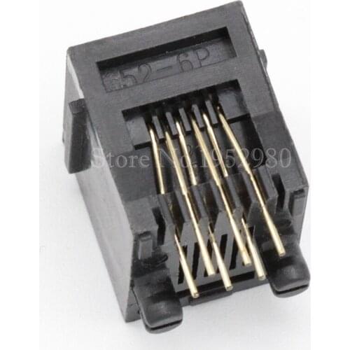 20pcs/lot RJ11 Jack Network Telephone Socket 6P6C Black 6Pins Gold 180 Degree with Brim