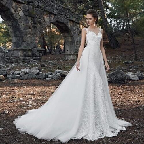 Vestido De Noiva Detachable Train Mermaid Wedding Dress O-Neck Trouwjurk Off Shoulder Sukienka Beading Appliques Robe De Mariage