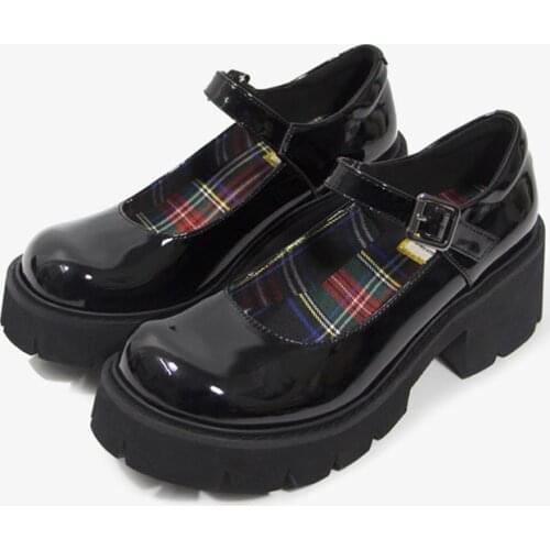 Patent Leather Vintage Platform Mary Janes Shoes Women Plaid Inside High Heel Women Pumps Round Toe Goth Shoes Women