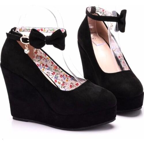 Women High Heels Shoes Fashion Buckle Wedges Ladies Platform Buckle Bowtie Pumps For Woman Plus Size Wedding Shoes