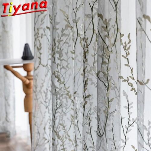 Small Leaves Embroidery Tulle Curtains for Living Room Luxury Pastoral Light Grey Sheer Yarn for Balcony Grass Screens #VT