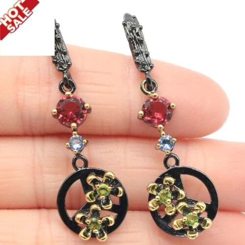 47x13mm Unique 5.9g Vintage Punk Style Created Garnet Violet Tanzanite Peridot White Bright Zircon Black Gold Silver Earrings