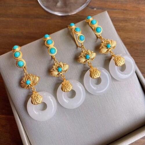 New Silver Turquoise natural Hetian white jade ring gold-plated earrings Chinese national style retro charming womens jewelry