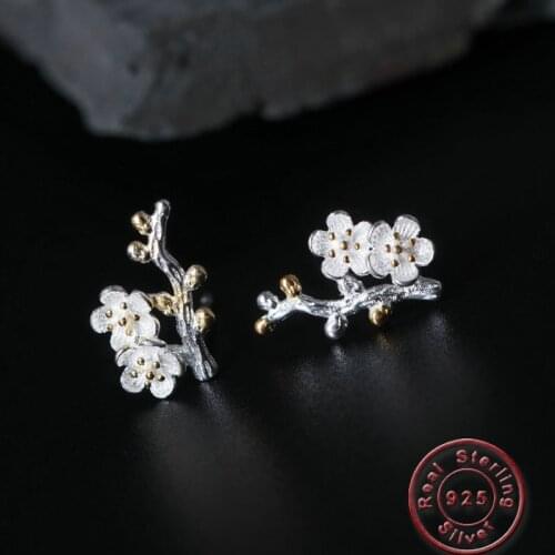 Amxiu 100% 925 Sterling Silver Earrings Branch Flower Jewelry Small Stud Earrings For Students Girls Daily Ear Piercings Bijoux