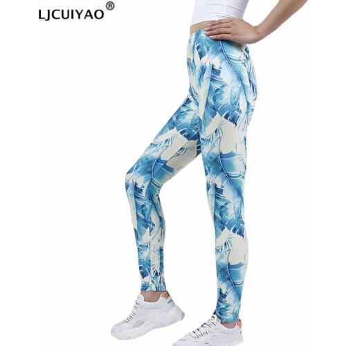 LJCUIYAO Leggings Sport Fitness Running Gym Pants High Waist Beige Green Leaf Pattern Elastic Pantalones Women Polyester Bottom