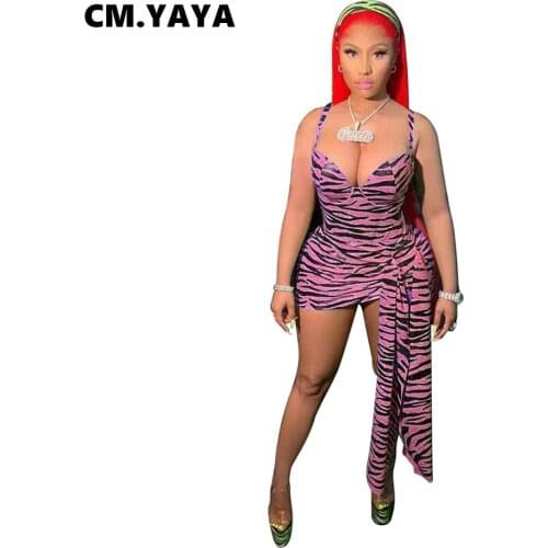 CM.YAYA Women Mini Dress Print Sleeveless Strap V-neck Stretchy Bodycon Dresses Bandage Sashes Sexy Night Clubwear Summer Outfit