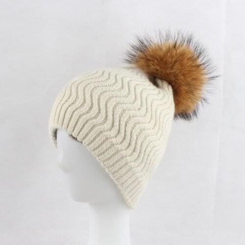 Winter Knit Hat Women Wool Beanie Real Raccoon Fur Pompom Cap Skiing Warm Outdoor Accessory Double Layers Headwear
