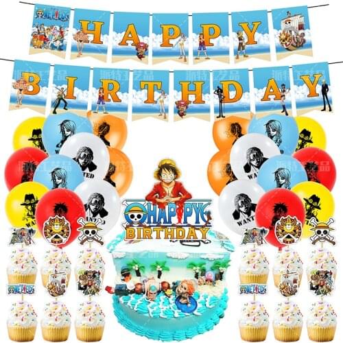 1set One Piece Theme Happy Birthday Party Kids Favors Decoration Baby Shower Balloons Banners Hero Luffy Anime Cupcake Toppers